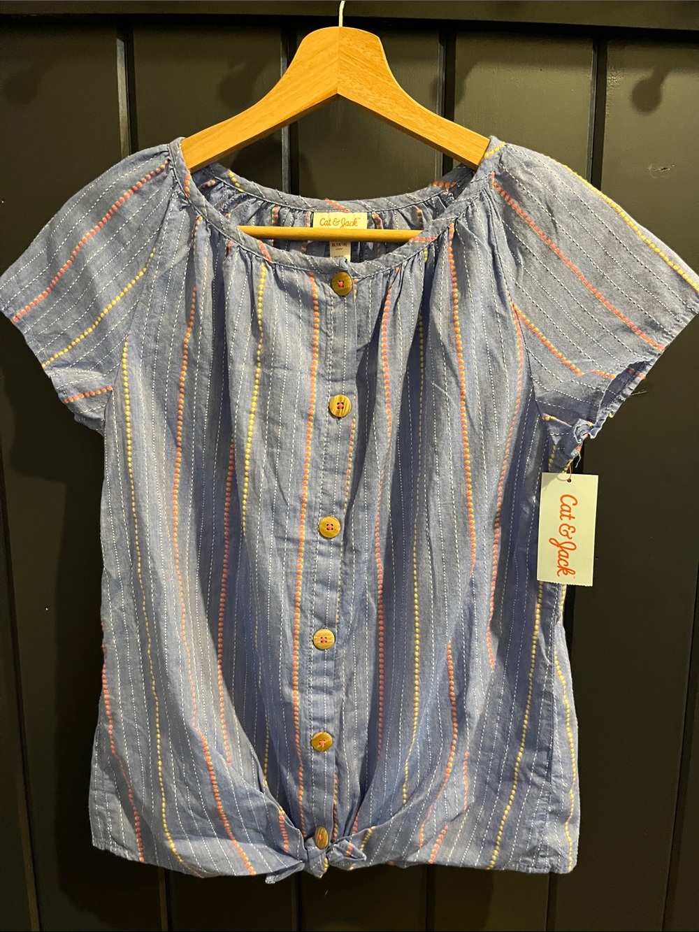 Cat & Jack Light Blue Striped Button-Front Girls' Blouse size 14/16 NWT
